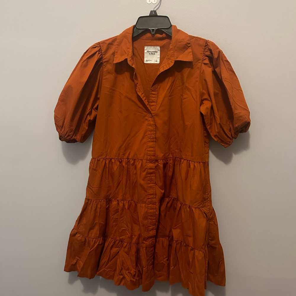 Abercrombie & Fitch Burnt Orange Poplin Puff Sleeve Button Down Tiered Dress